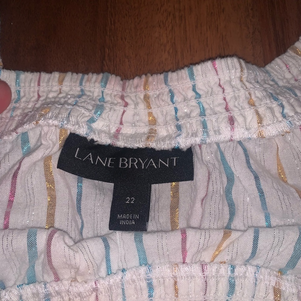 Lane Bryant Cotton Peasant Metallic-Stripe Puff-Sleeve Shirred Top Shirt Size 22 - Picture 6 of 7
